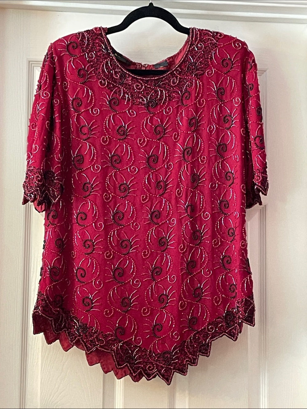 Beaded Scallop-Hem Red Women's Blouse